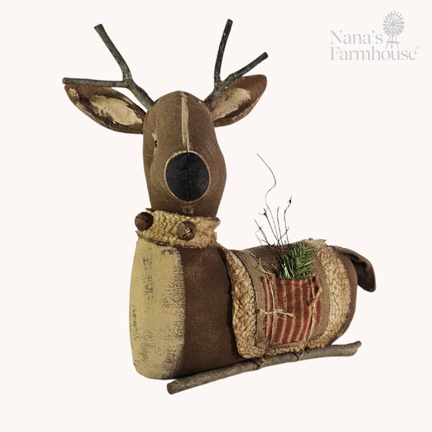 Sitting Buck with Tan Blanket & Red Ticking Pocket - 14" x 14"