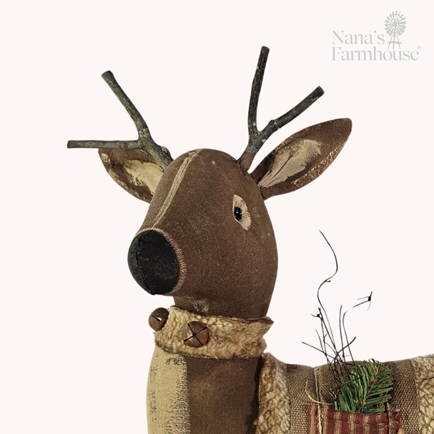 Sitting Buck with Tan Blanket & Red Ticking Pocket - 14" x 14"