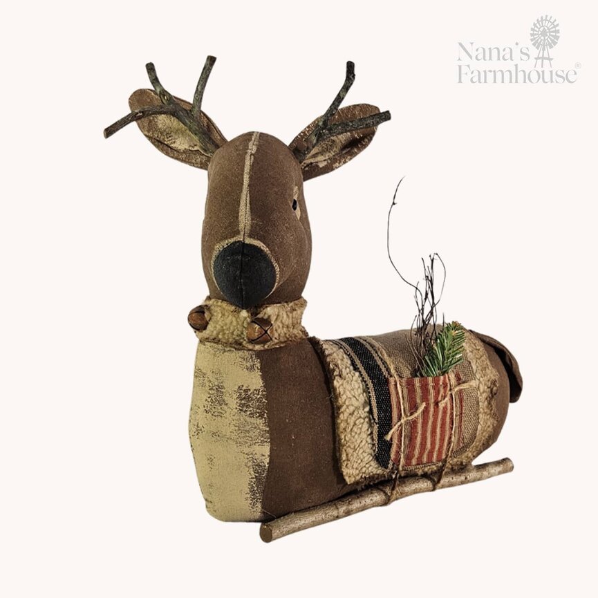 Sitting Buck with Tan Blanket & Black Stripe & Red Ticking Pocket and Greenery - 14" x 14"