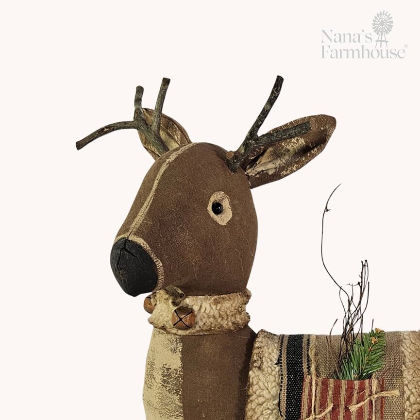 Sitting Buck with Tan Blanket & Black Stripe & Red Ticking Pocket and Greenery - 14" x 14"