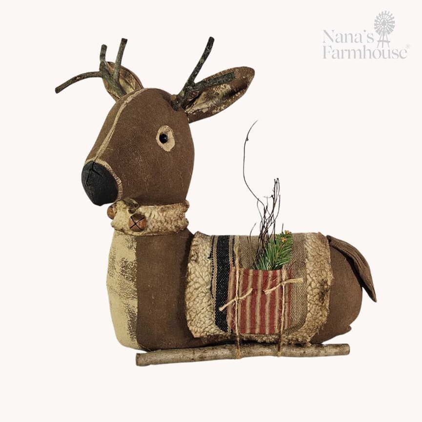 Sitting Buck with Tan Blanket & Black Stripe & Red Ticking Pocket and Greenery - 14" x 14"