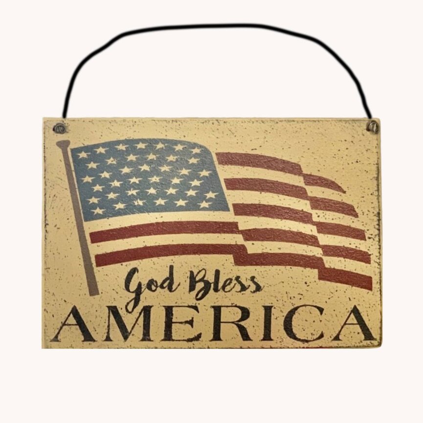 God Bless America with Flag Sign on Wire Hanger Wall Sign - 11" x 12"