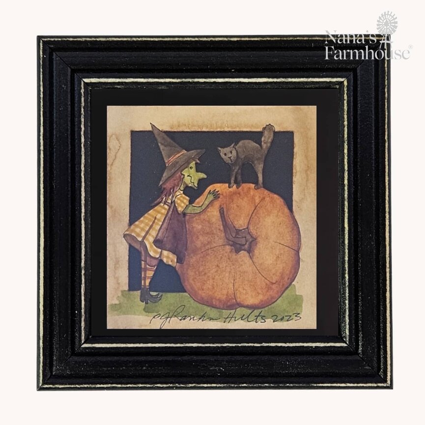 Hults Folk Art Witch Pumpkin & Cat Framed - 5"