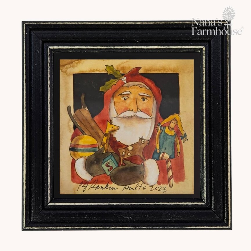 Hults Folk Art Santa Holding Toys Framed - 5" x 5"