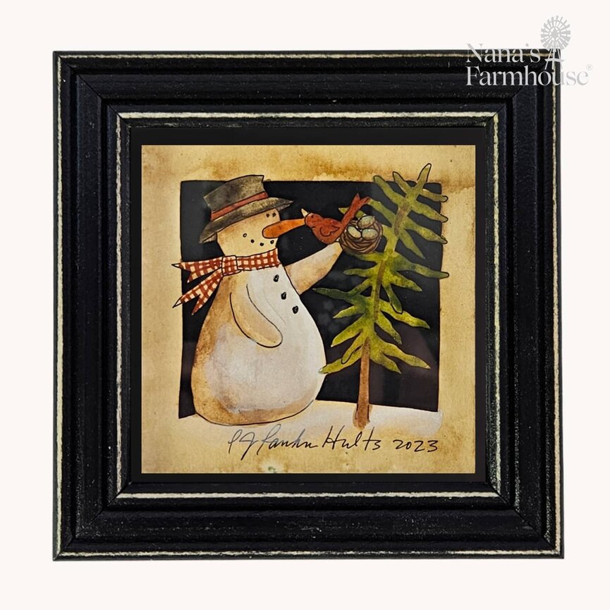 Hults Folk Art Snowman with Tree & Cardinal Framed - 5" x 5"