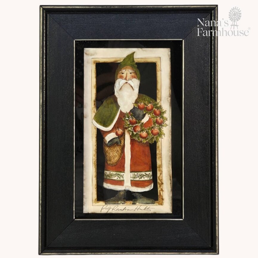 Hults Folk Art Santa Red Robe with Green Cape & Cap Apple Wreath Framed - 9.5" x 7"