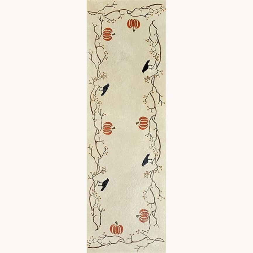 Crow, Pumpkin & Vine Hand Painted Canvas Runner - 14.5" x 45"