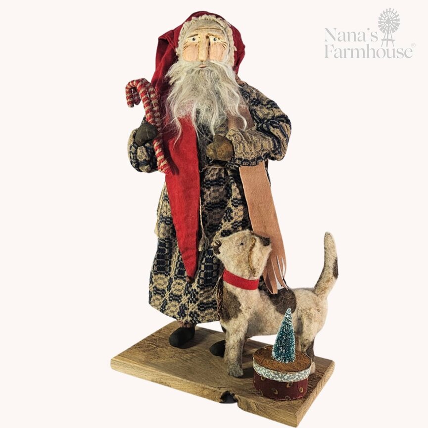 Primitive Santa in Blue & Tan Coverlet  with Candy Canes & Spot The Dog - 20"