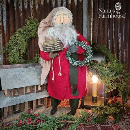 Primitive Santa with Cabin & Wreath