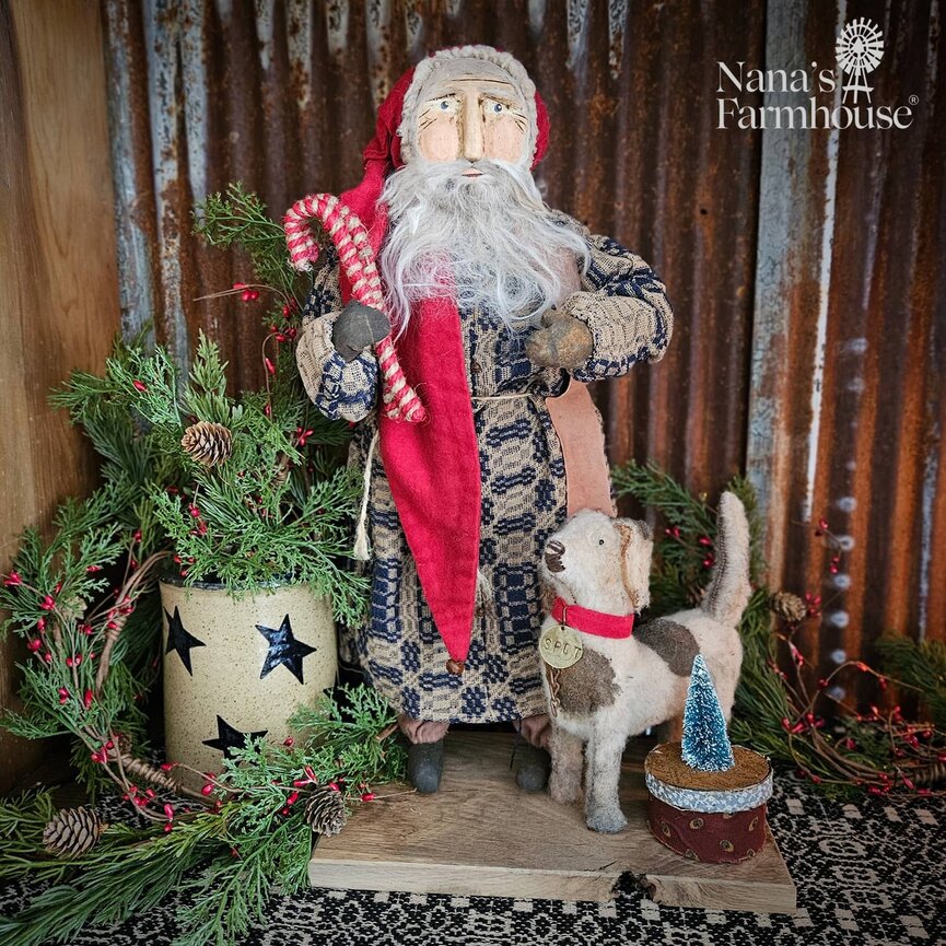 Primitive Santa in Blue & Tan Coverlet  with Candy Canes & Spot The Dog - 20"