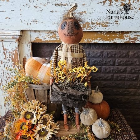 Pumpkin Girl Doll with Plaid Dress & Basket Of Flowers