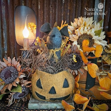 Mouse In Pumpkin with Bouquet of Yellow Flowerss