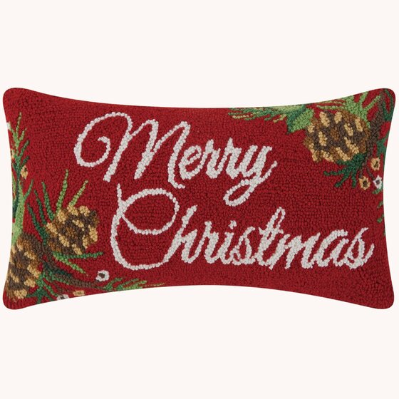 Evergreen Pine Merry Christmas Hooked Pillow