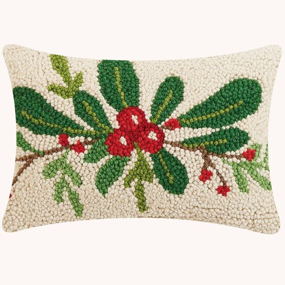 Holiday Foliage Berrys & Leaves Hooked Pillow