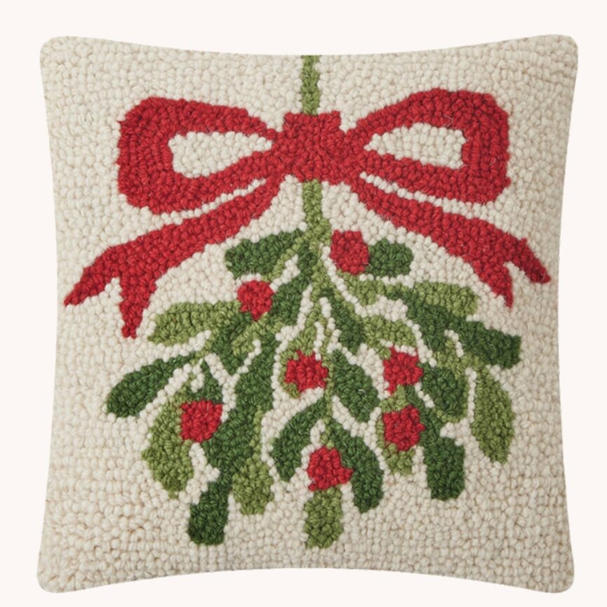 Mistletoe Hanging with Red Bow Hooked Pillow - 10" x 10"