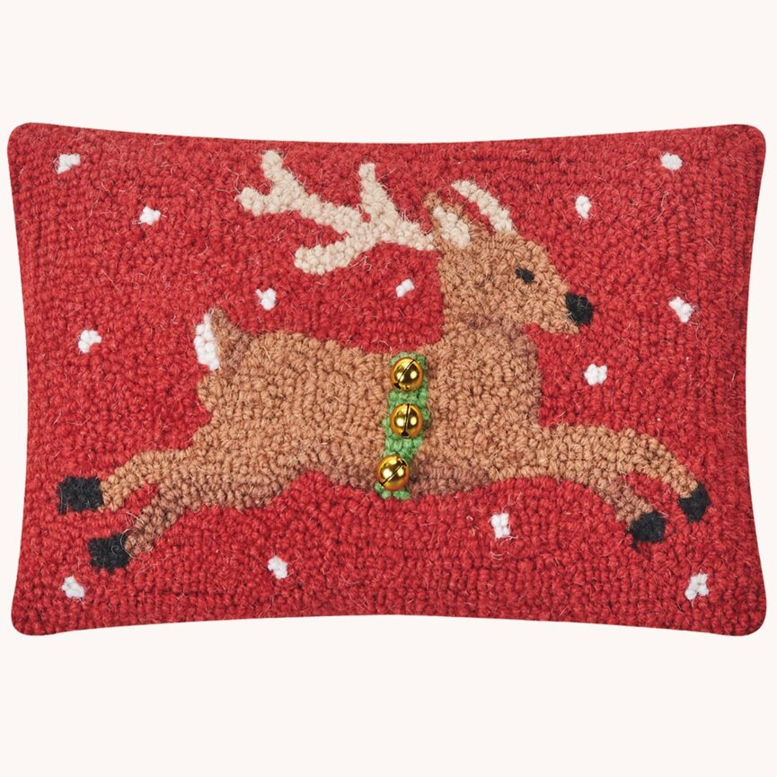 Reindeer with Bells Red Hooked Pillow - 8" T x 12" W