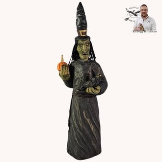 Witch Figurine with Pumpkin & Crow - Hand Carved