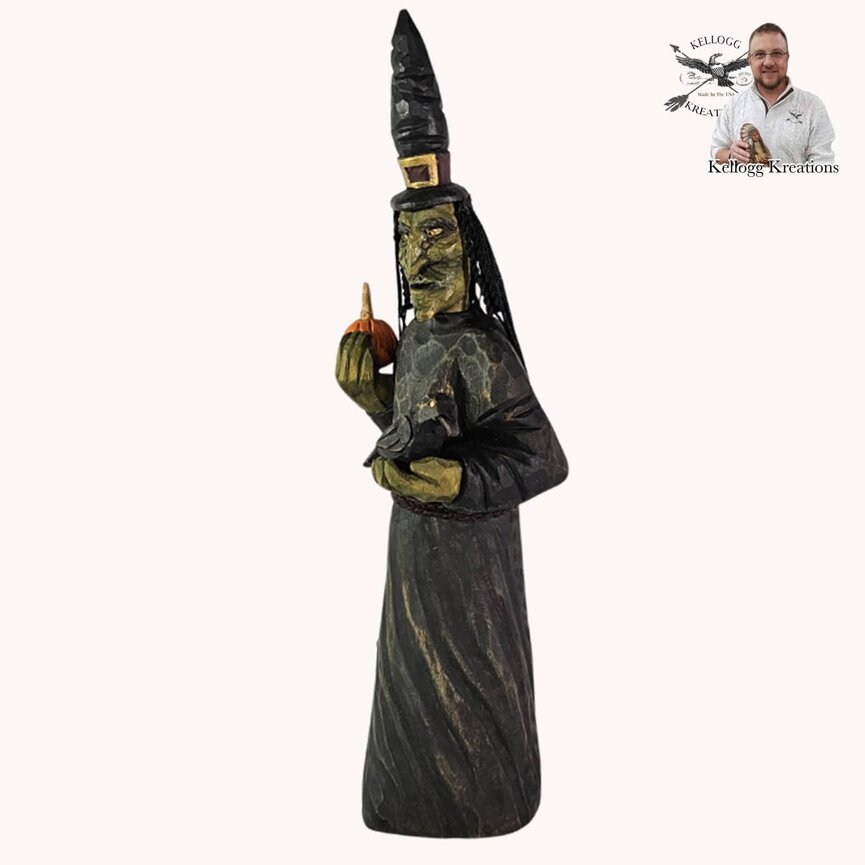 Hand Carved Witch W/Pumpkin & Crow - 13.5"