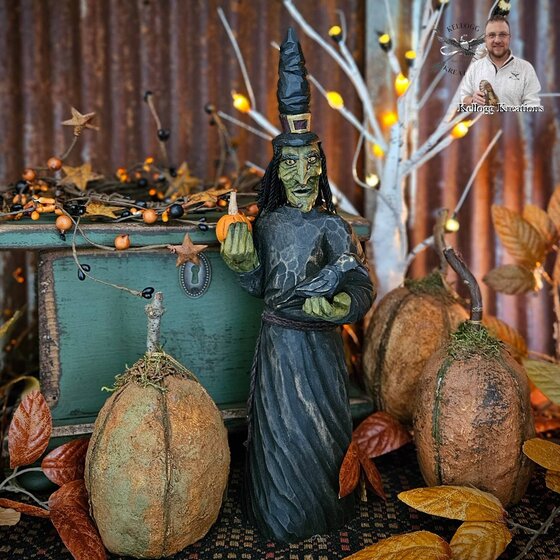 Witch Figurine with Pumpkin & Crow - Hand Carved