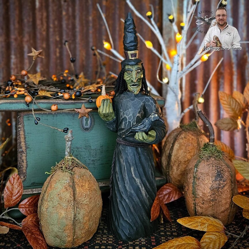 Hand Carved Witch W/Pumpkin & Crow - 13.5"