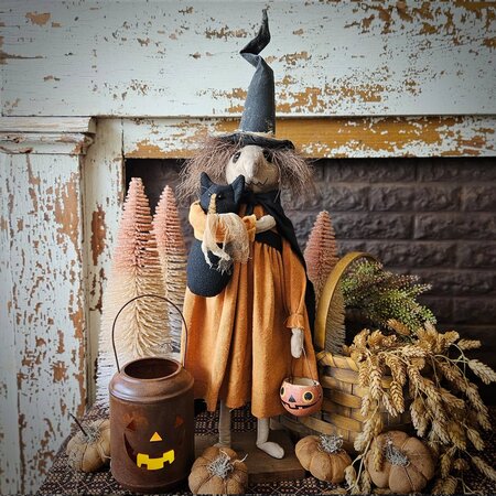 Witch Girl Doll with Black Cat & Pumpkin Bucket