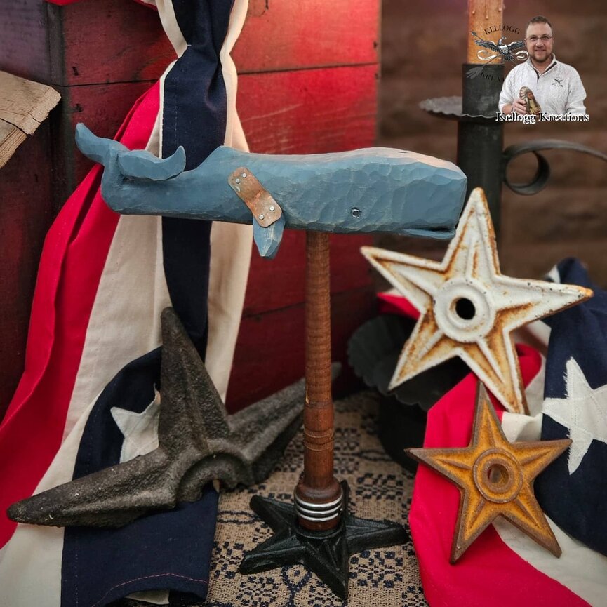 Hand Carved Blue Whale On Spindle on Star Base - 10" x 9"