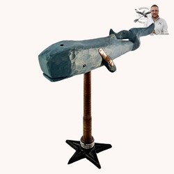 Hand Carved Blue Whale On Spindle on Star Base - 10" x 9"