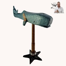 Hand Carved Blue Whale On Spindle on Star Base - 10" x 9"