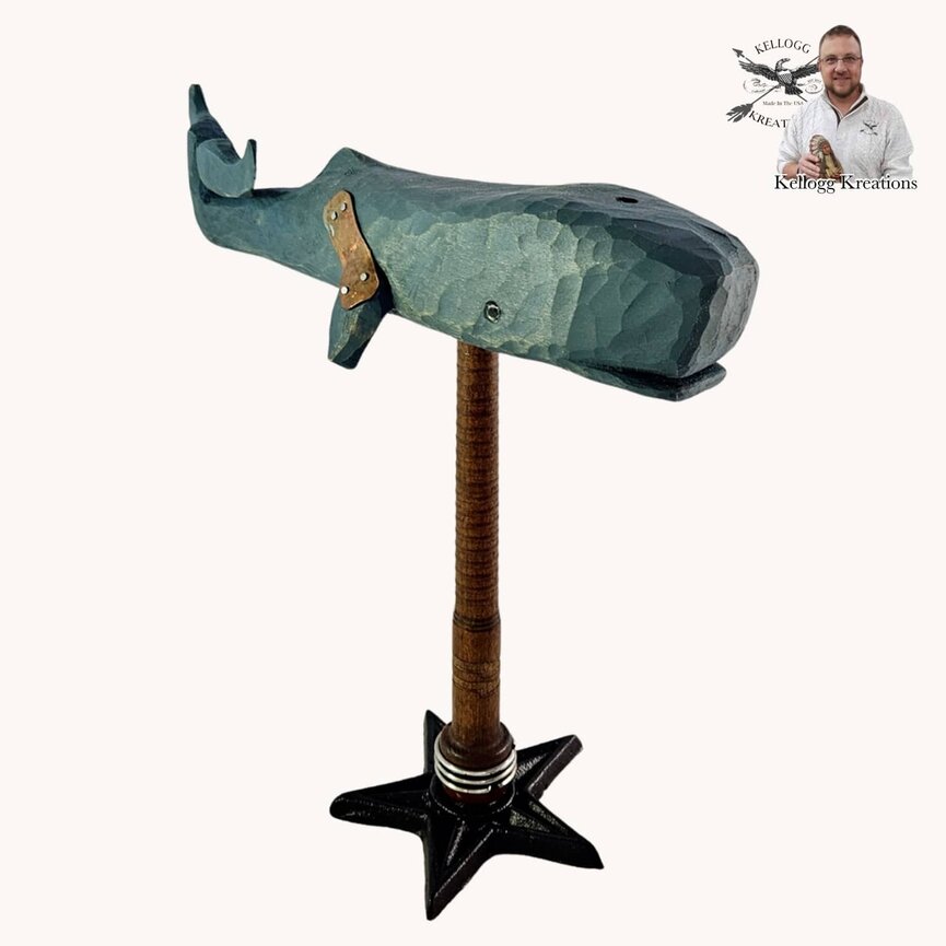 Hand Carved Blue Whale On Spindle on Star Base - 10" x 9"