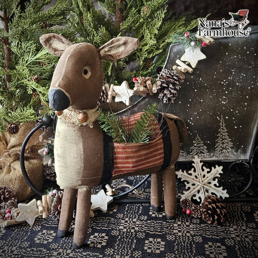 Standing Doe with Red Ticking Blanket & Greenery - 17" x 14"