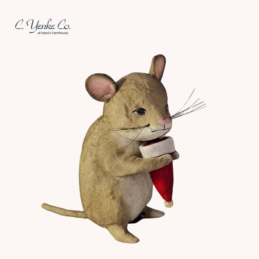 Mouse with Santa Hat Tan - 4.5"