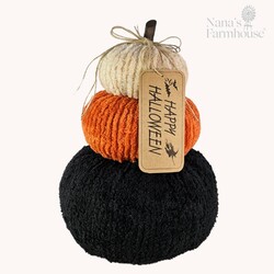 Chenille Stacked Pumpkins White Orange Black Large - 10" x 14"