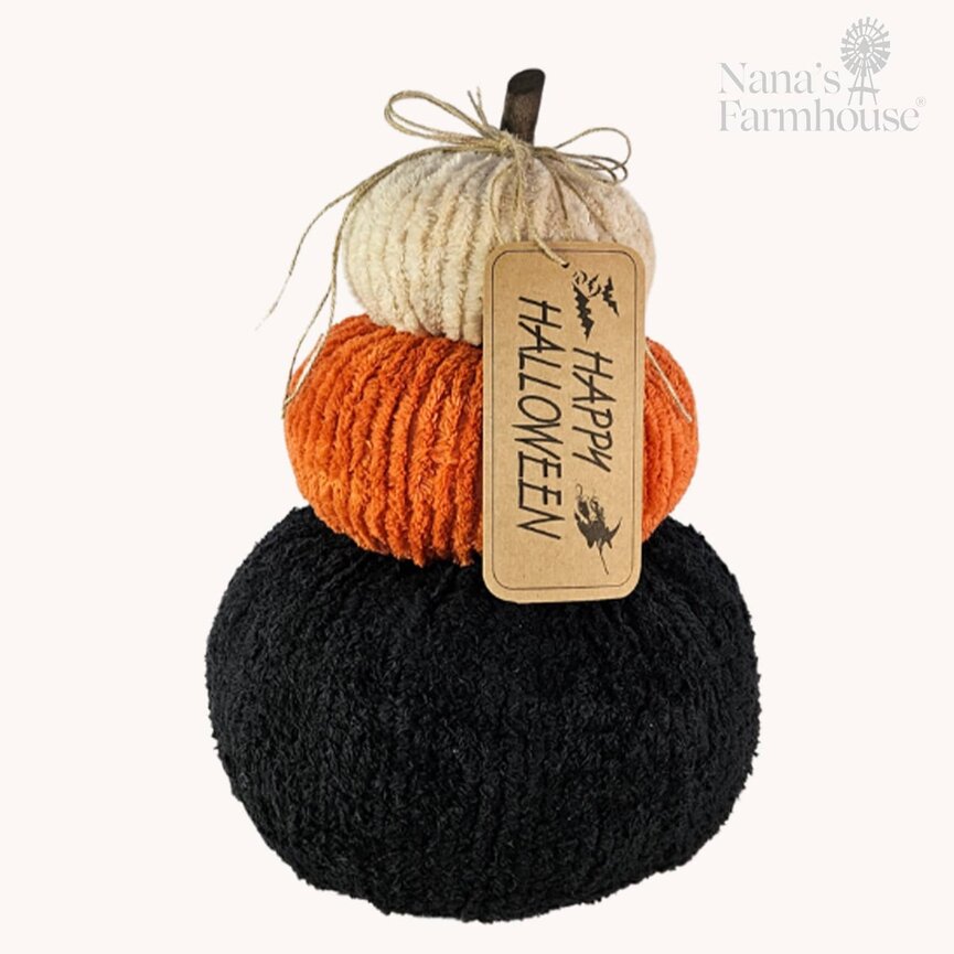 Chenille Stacked Pumpkins White Orange Black Large - 10" x 14"