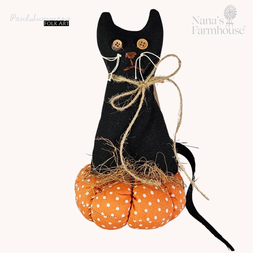 Black Cat On Orange Pumpkin - 8"