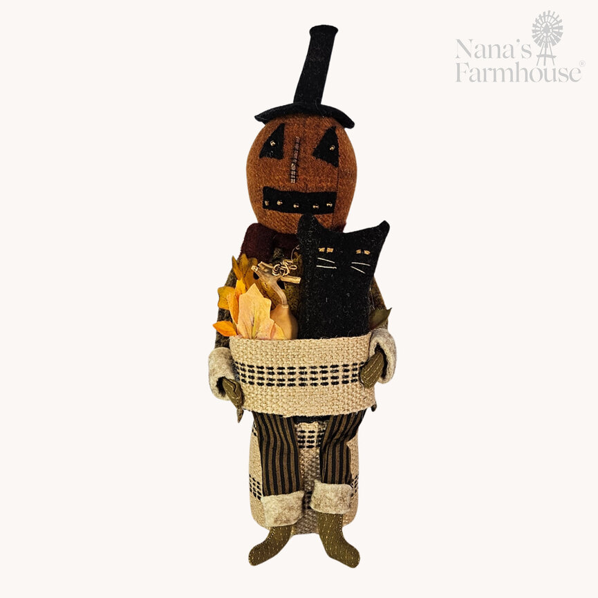 Pumpkin Man Sitting Holding Basket of Leaves Gourd & Black Cat - 13.5"