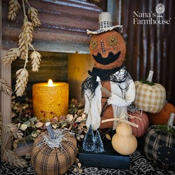 Pumpkin Man Burlap Hat with Gourd & Black Trees - 12.5"