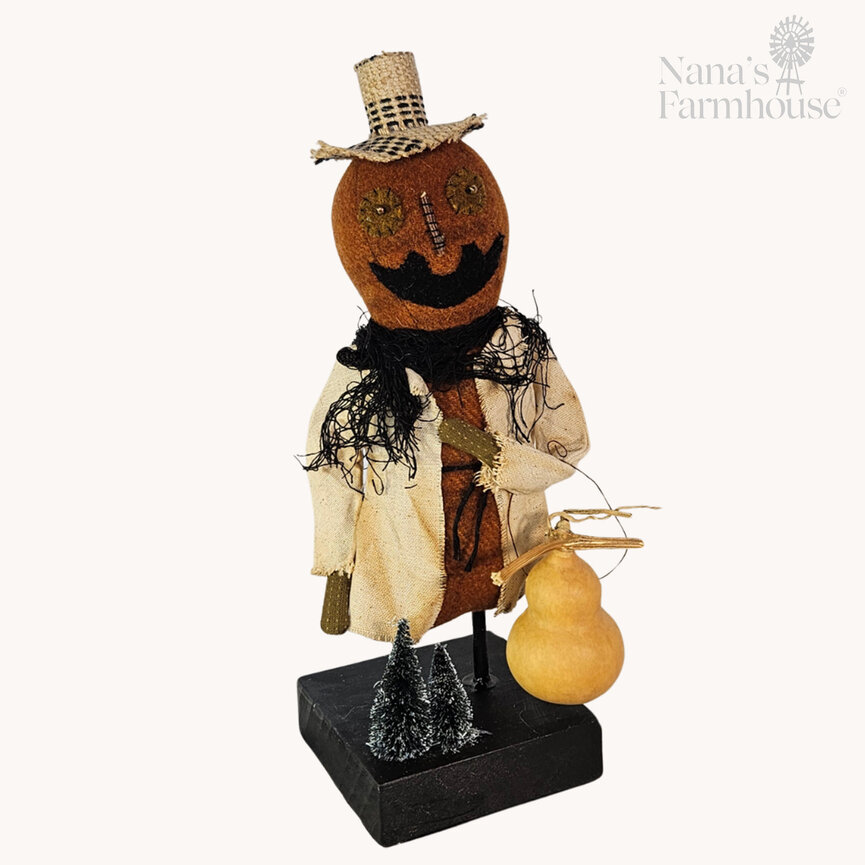Pumpkin Man Burlap Hat with Gourd & Black Trees - 12.5"
