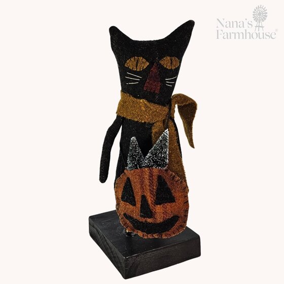 Black Cat with Pumpkin Bag Black Trees - 11"