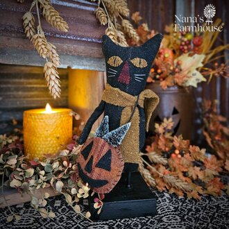Black Cat with Pumpkin Bag Black Trees - 11"
