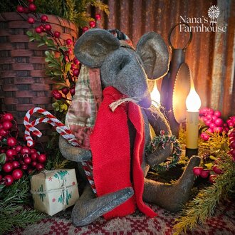 Christmas Mouse Shelf Sitter with Quilted Cap and Gift - 12"