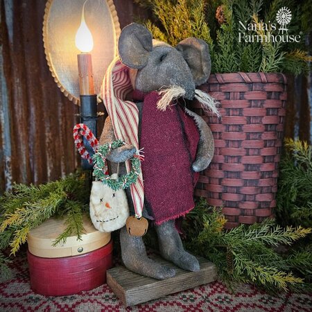 Christmas Mouse in Ticking Cap with Candy Cane - 16"