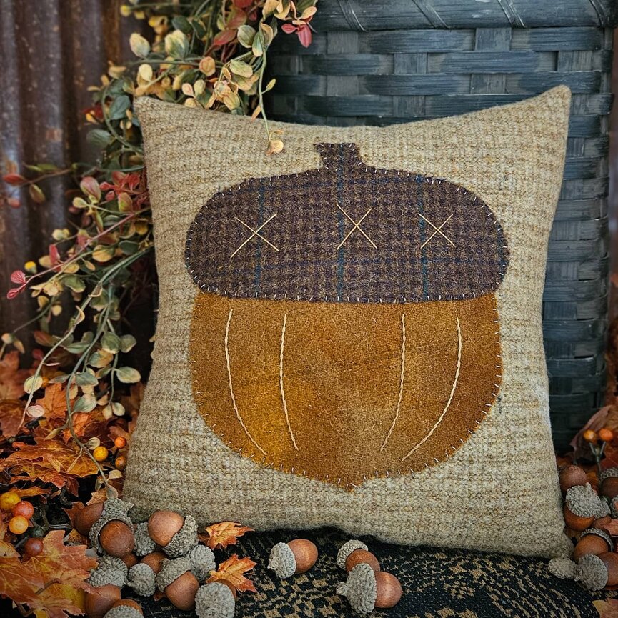 Acorn Applique Wool Pillow - 11" x 10"