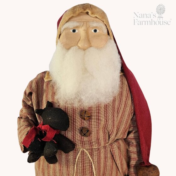 Santa in Red Ticking Holding Scottie Dog & Wreath - 18"