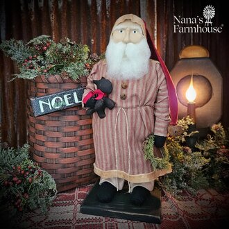 Santa in Red Ticking Holding Scottie Dog & Wreath - 18"