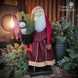 Santa with Snowman & Greenery In Bucket - 13.5"