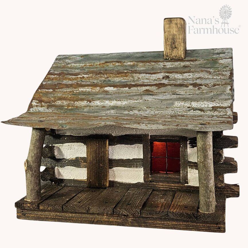 Homestead Log Cabin 2 Post Slant Covered Porch Lighted - 13.5" x 13" x 13.5