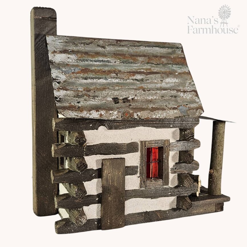 Teton Log Cabin Side Porch with Stack of Wood & Barrel Lighted - 12" W x 7.5" D x 13" T