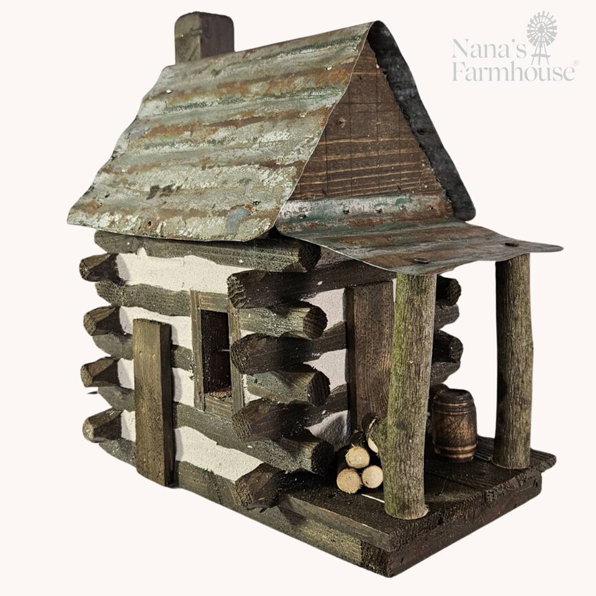 Teton Log Cabin Side Porch with Stack of Wood & Barrel Lighted - 12" W x 7.5" D x 13" T
