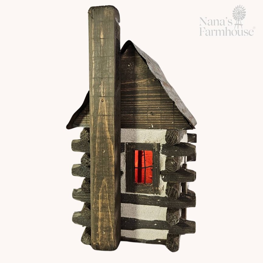 Teton Log Cabin Side Porch with Stack of Wood & Barrel Lighted - 12" W x 7.5" D x 13" T