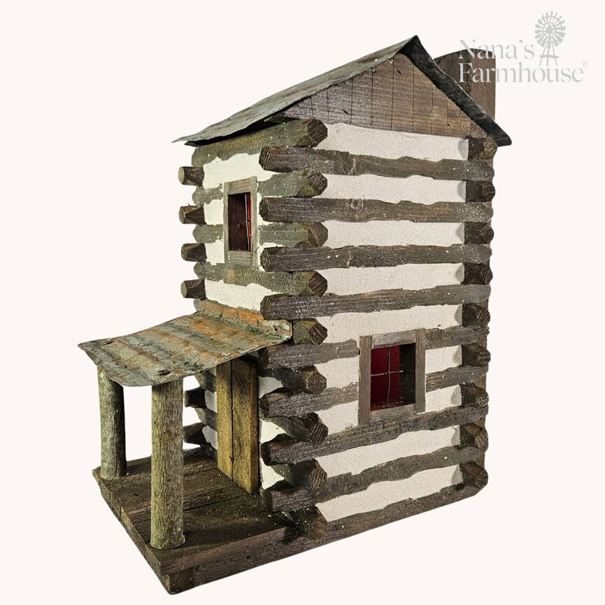 Frontier Log Cabin Two Story with Covered Porch Lighted - 17 " x 14" x 10"
